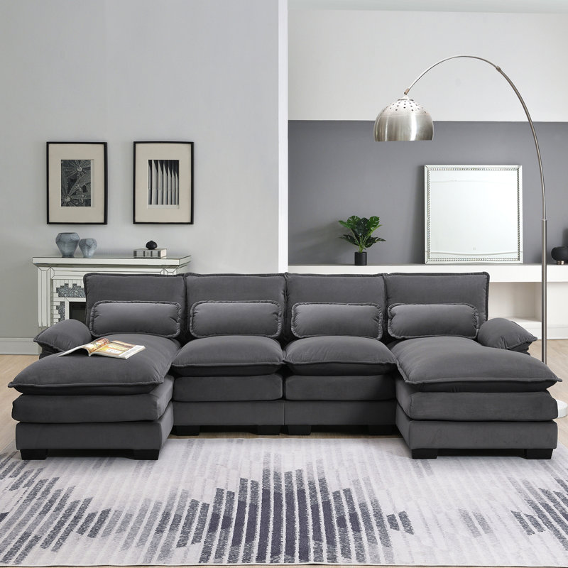 Millspaugh 110*55" Modern U-shaped Sectional Sofa with Waist Pillows,6-seat Upholstered Symmetrical Sofa Furniture,Sleeper Sofa Couch with Chaise Lounge for Living Room,Apartment