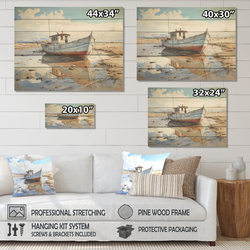 Impression de bateau de pêche rouge et blanc d'hiver Tranquility IV - Minimalisme sur bois, H 30 po x l 40 po