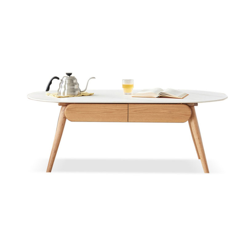 White Stone + Solid Wood Oval Coffee Table