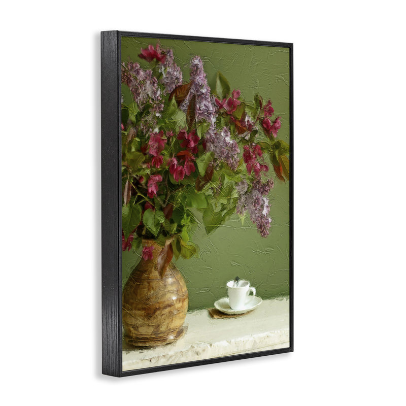 Fleurs et tasse à thé, estampe numérique par Sundance Group, LLC., H 18 po x l 12 po, Giclée encadrée noir minuit