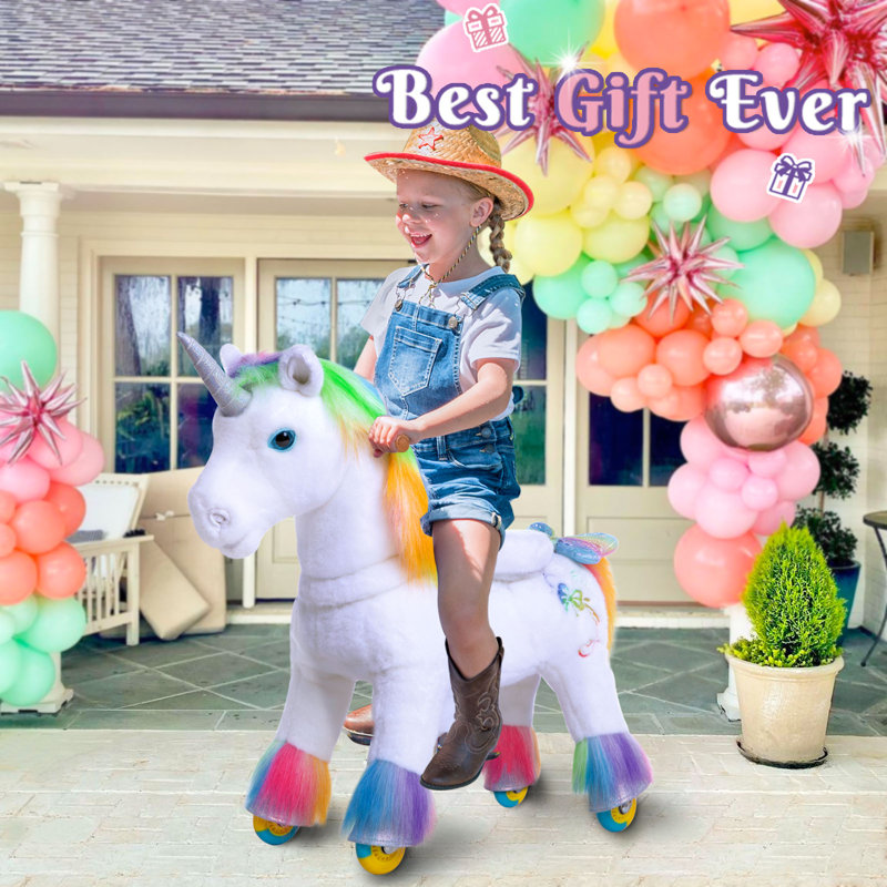 Rainbow Plush Unicorn Ride-On Toy for Ages 3-5