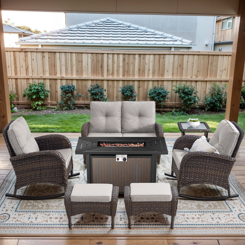 Aluel 7-Pieces Outdoor Wicker Patio Seating Set with Gliding Loveseat and Rectangular Fire Pit Table, Beige