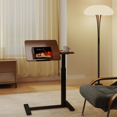 Portable Over Bed Desk With Adjustable Tabletop Angle, Rolling Laptop Table For Multiple Purposes, Construction H - Shaped Base, Brown + Black Design Bedside Angle And 4 Wheels, Various Spaces,