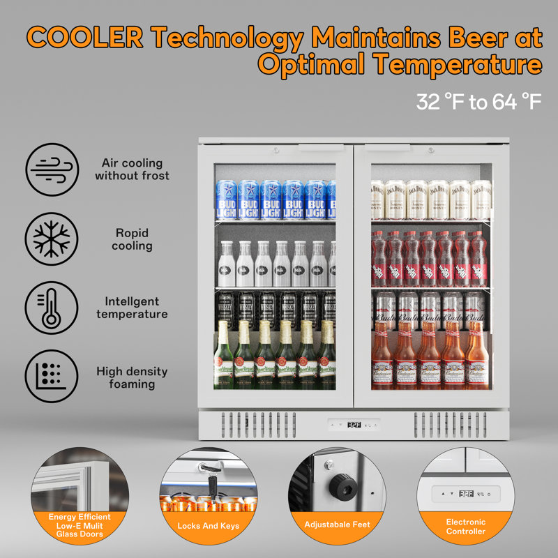 Undercounter Beverage Refrigerator With Glass Door, Bar Cooler Commercial Display Fridge For Beer Drink Soda With Temperature Control, 7.2cu. Ft. Large Capacity