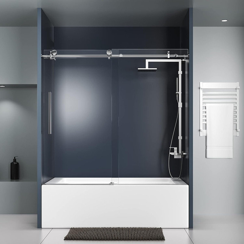 Sliding Shower Door 55-59" W, Brushed Stainless Steel Glass Door with Seal Strip & Handle, Satin Nickel