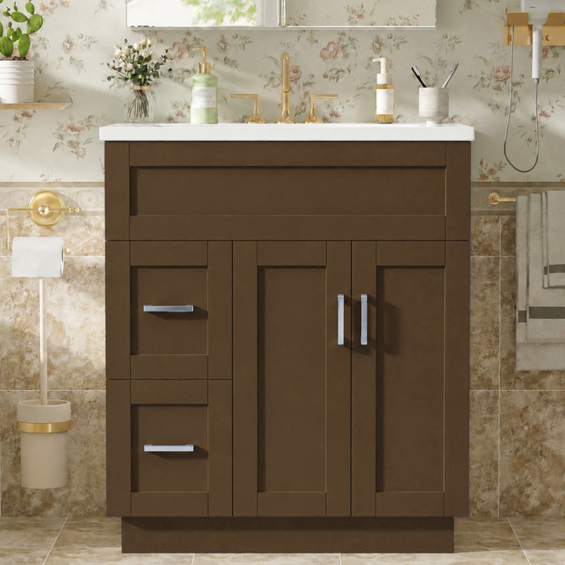 Meuble-lavabo de style campagnard de 76 cm avec lavabo en céramique, Brown