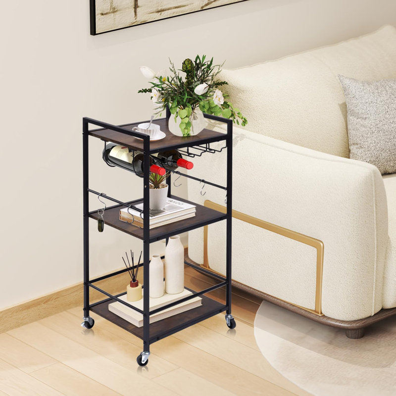 3-Tier Kitchen Microwave Stand With Wheels, 6 Hooks, And Rustic Metal Frame For Compact Spaces, Multi-Purpose Storage Cart