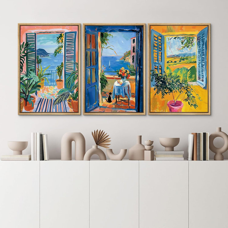 "Fenêtre ouverte vibrante avec vue sur un paysage méditerranéen, décor moderne, calme minimal, détente douillette pour la chambre à coucher" 3 pièces