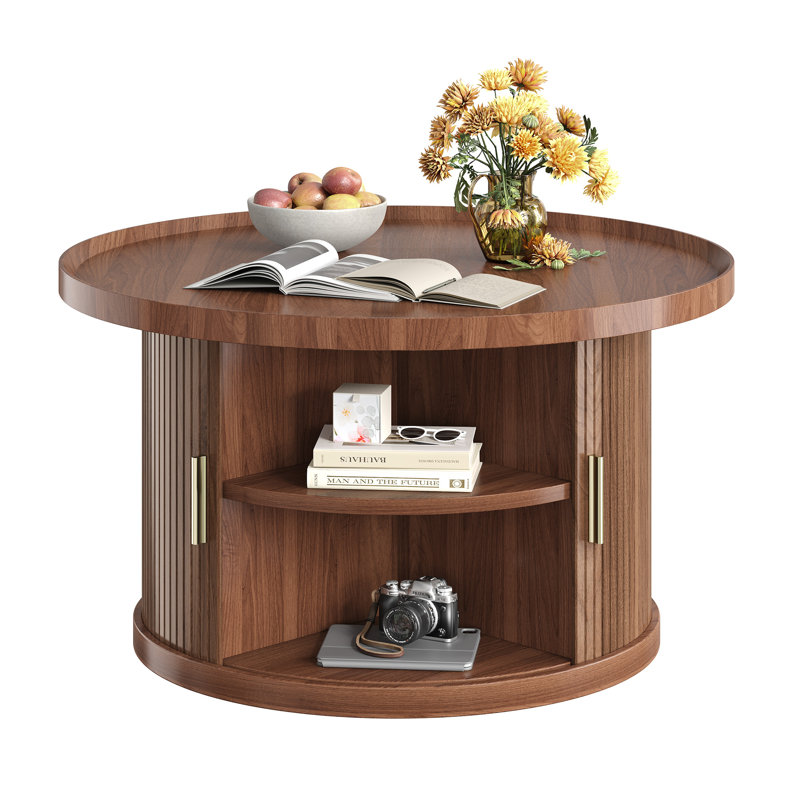 Coffee Table, Round Coffee Table With Storage & Sliding Tambour Door, 31.5" Fluted Center Table For Living Room, Small Space, Mid Century Modern, Walnut