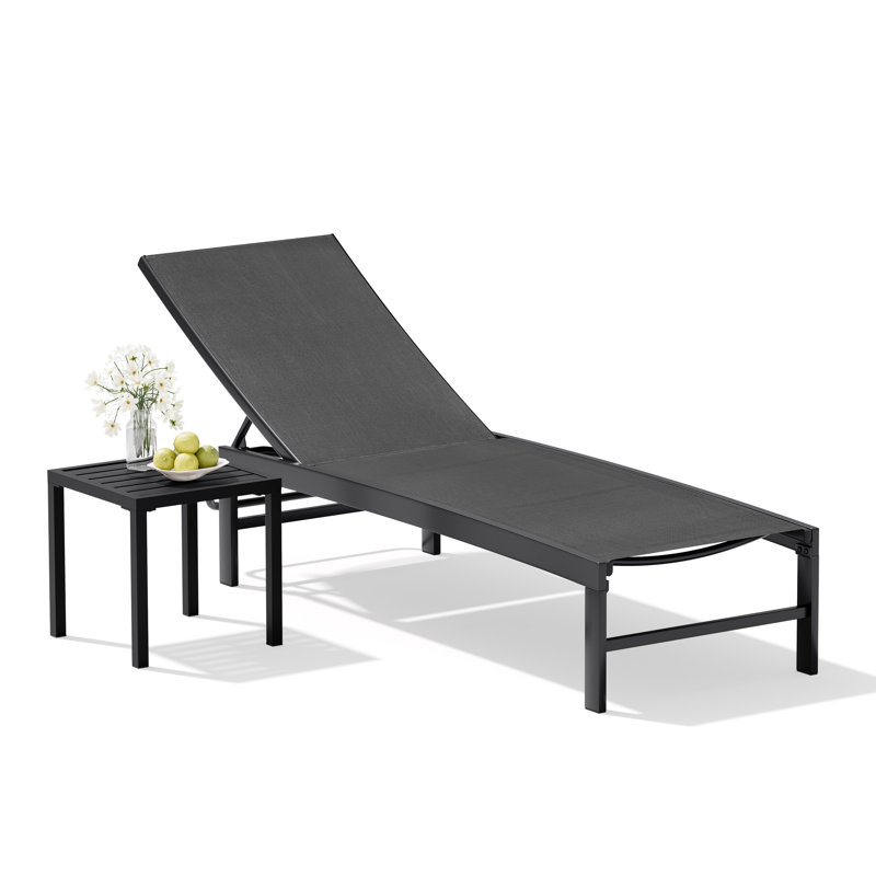 Patio Metal Stackable Reclining Chaise Lounge With Square Table, Black