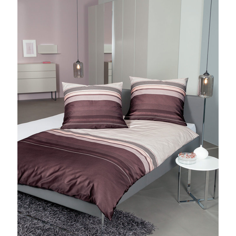 Striped Duvet Cover Set with Pillowcases, Single - 1 Pillowcase (80 x 80 cm), Dark Pink/Beige