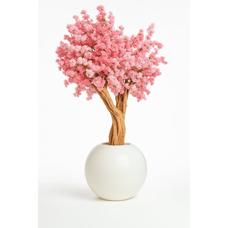 Pink Cherry Blossom Tree In 30" Globe Planter, White