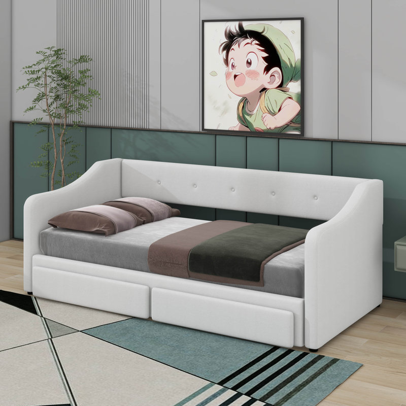 Lit de jour rembourré simple TG avec très grand lit avec tiroirs, Beige