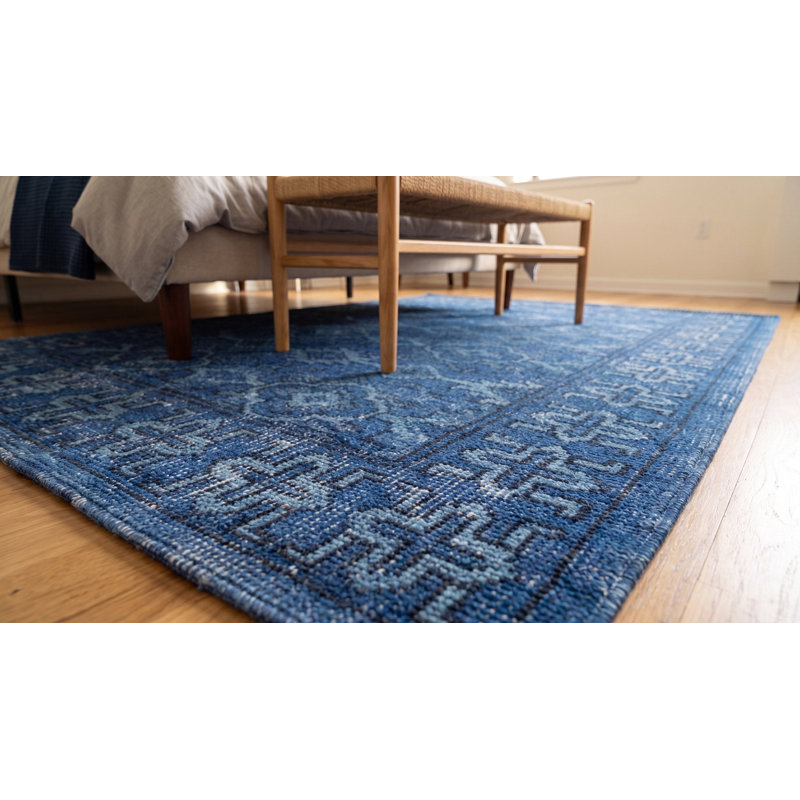 Tapis bleu traditionnel en laine noué à la main 4 pi x 6 pi avec motif médaillon traditionnel azur