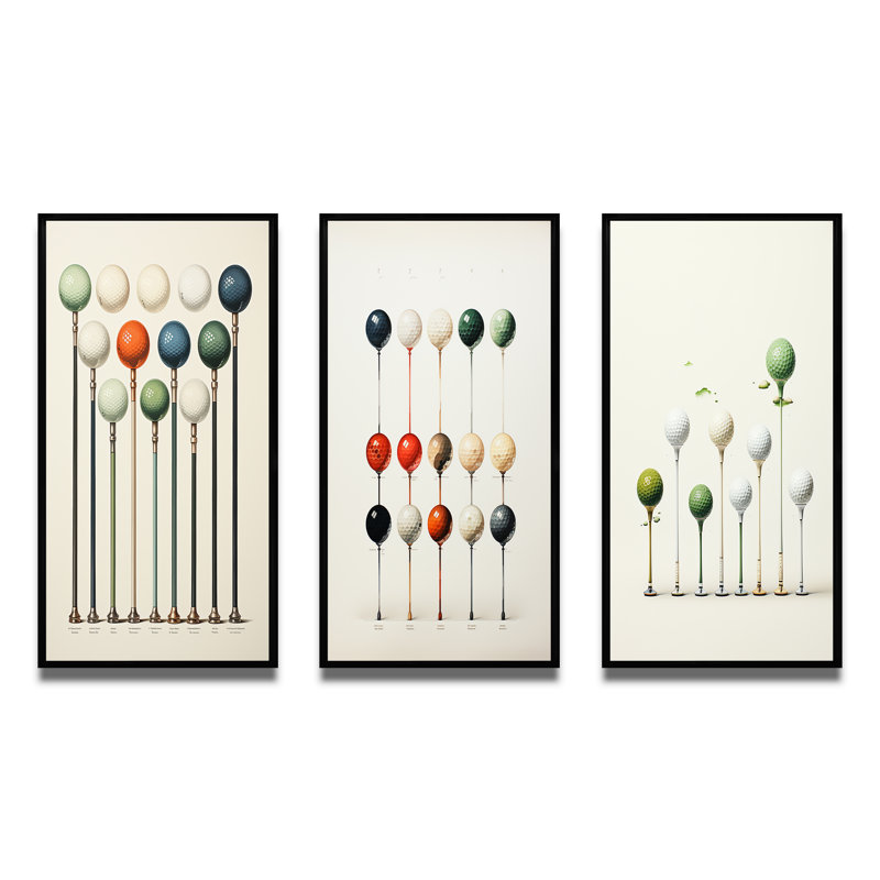 Minimalisme, jeu de tees de golf - ensemble d'art mural de golf 3 pièces, Cadre noir, H 32 po x l 48 po