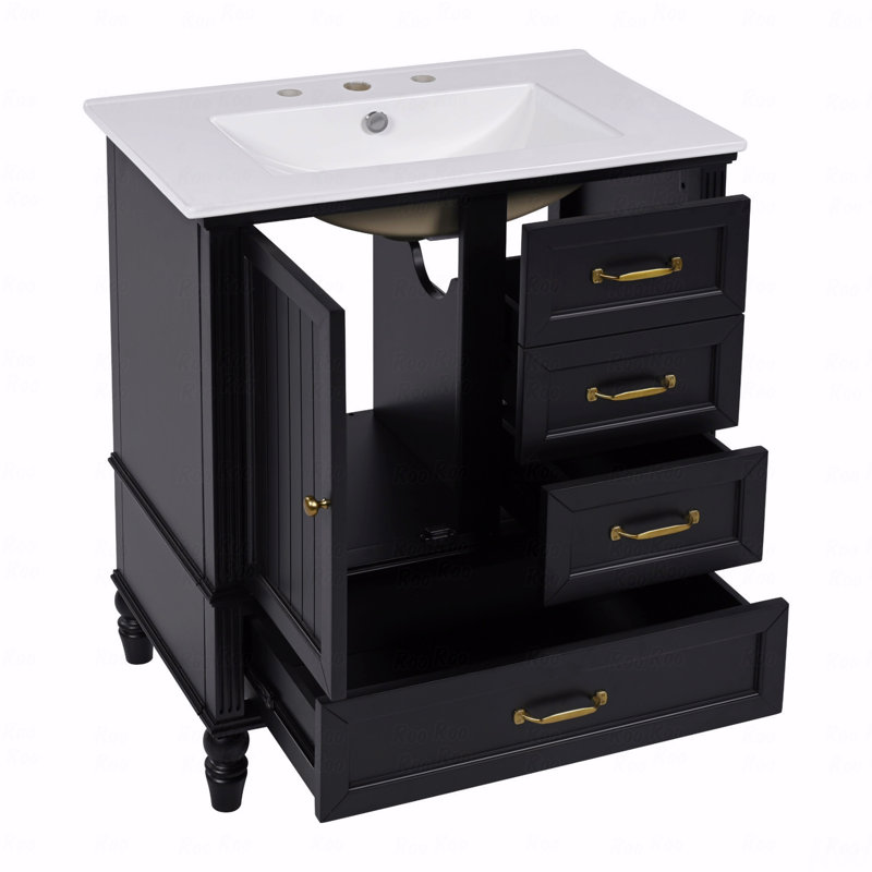 Meuble-lavabo de 30 po avec lavabo, armoire de salle de bain avec porte, trois tiroirs, pieds en bois massif et panneau en bois aggloméré, patins réglables