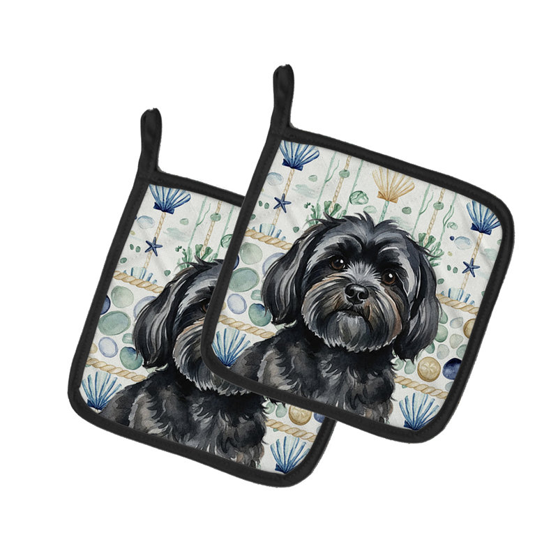 Black Lhasa Apso Coastal Sea Glass Pair of Pot Holders