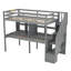 Structure de lit mezzanine avec escalier de rangement, double bureau et tablettes