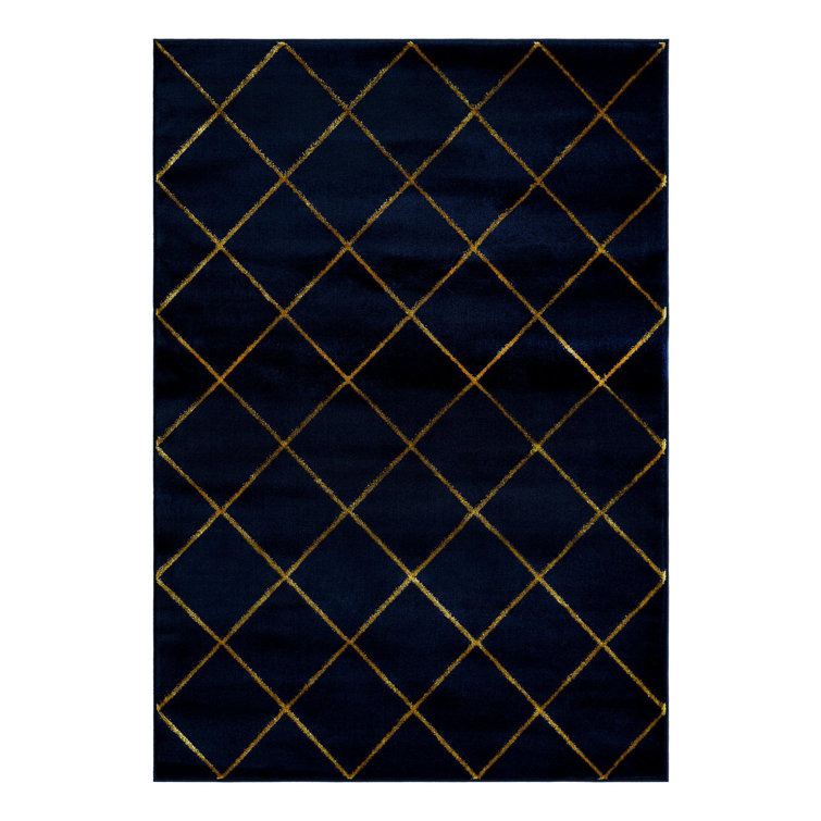 Latitude Run® Checks Nikica Rug Navy Blue and Gold