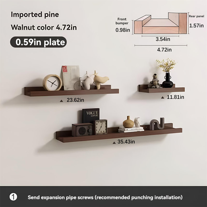Solid Wood Floating Wall Shelf, 1.57" H x 35.43" W x 4.72" D