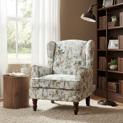 Chaise d'appoint moderne avec pieds en bois rétro, fauteuil rembourré confortable, canapé simple à motif floral pour le bureau de la chambre à coucher - Oiseau bleu floral