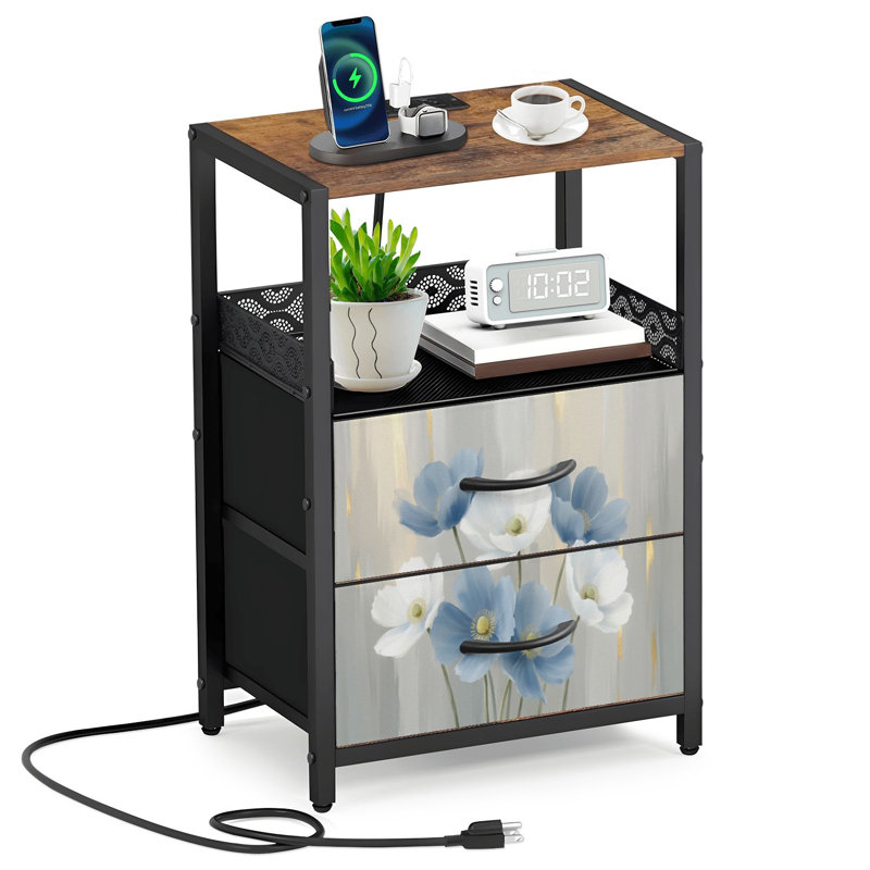Table de chevet 2 tiroirs en tissu avec station de charge Délicat bleu blanc doux or clair table de chevet de la table de bout avec ports USB ouverts et prises