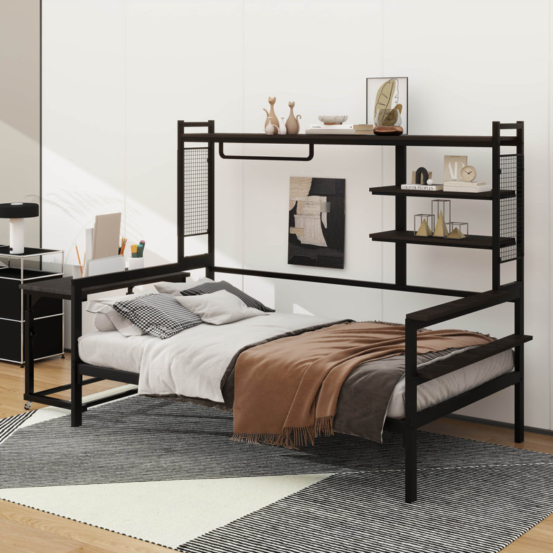 Lit de jour polyvalent en métal avec bureau mobile, grille robuste, tablettes pratiques et support pratique, Simple