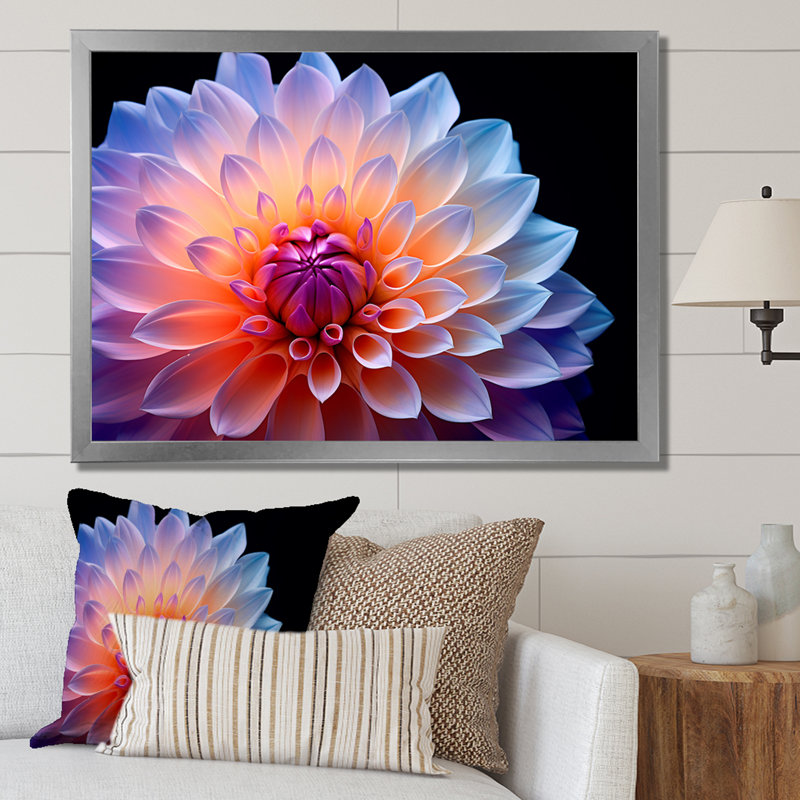 Dahlia rose étreinte efflorescente - imprimé, H 16 po x l 32 po x P 1 po, Cadre simple argenté