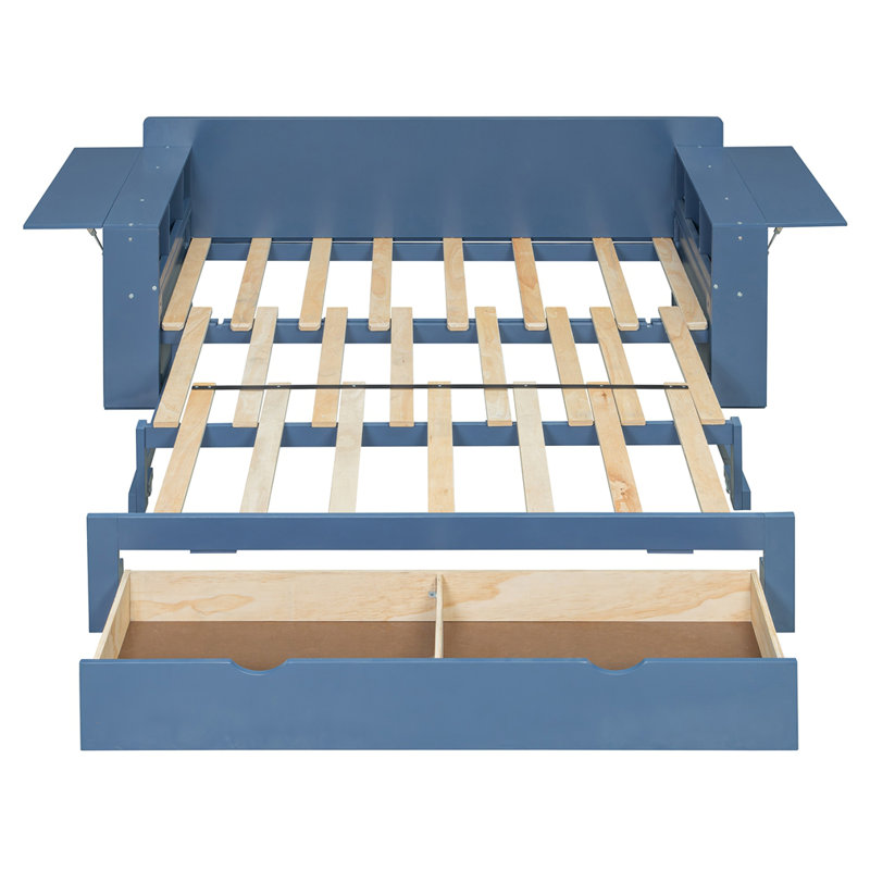 Grand lit de jour avec bureau amovible, Bleu, Complet/Double