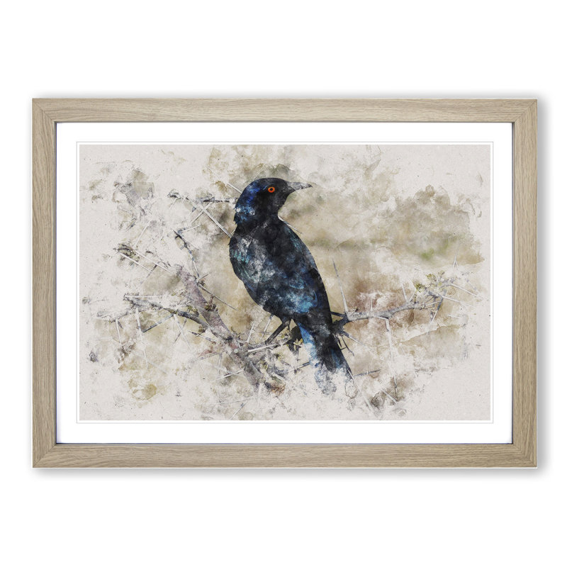 Starling Bird Watercolour - Picture Frame Graphic Art, Oak, 27cm H x 36cm W x 2cm D