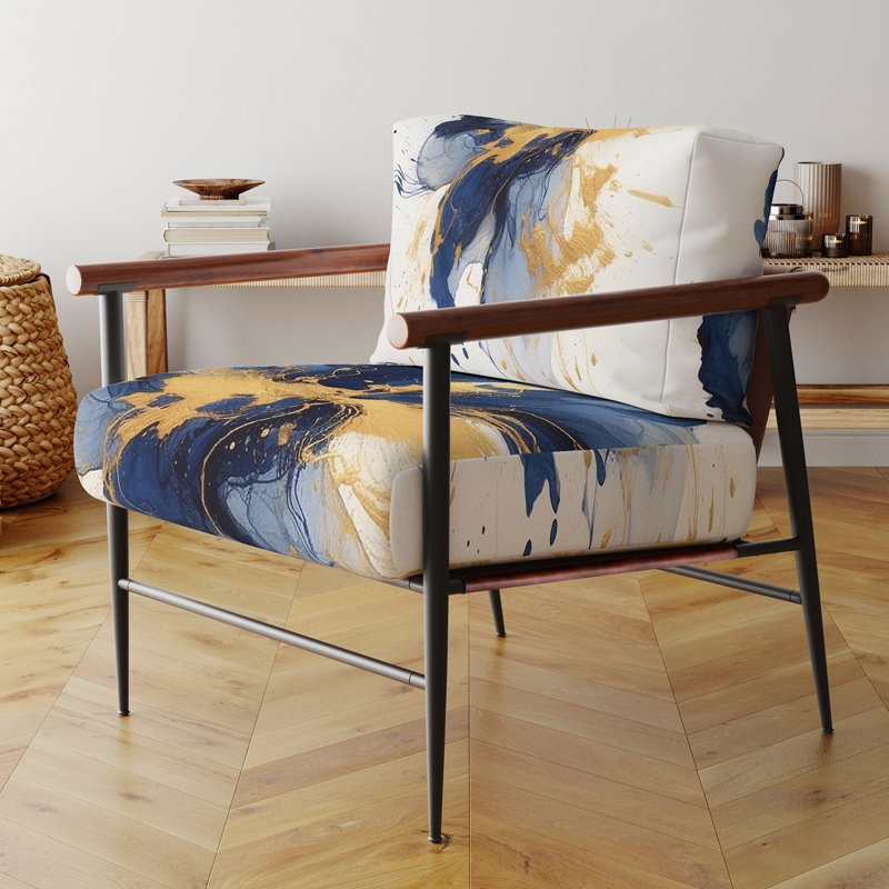 Fauteuil d'appoint rembourré abstrait bleu foncé et or Strokes I, Doré