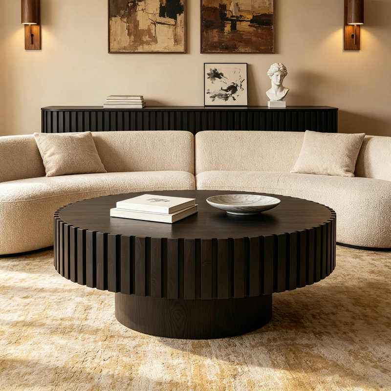 Table basse ronde avec piédestal cannelé, table d'appoint moderne, Black