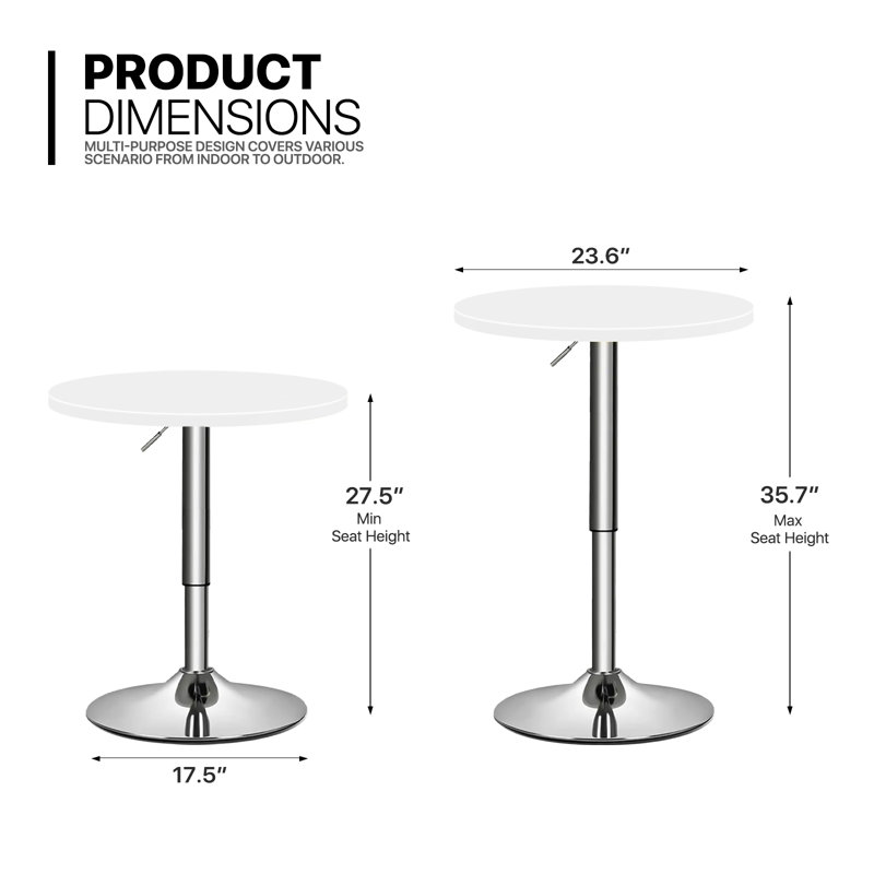 Ojavi Bistro Pub Table Round Adjustable Height Bar Cocktail Table Dining Table with Chrome Base, White