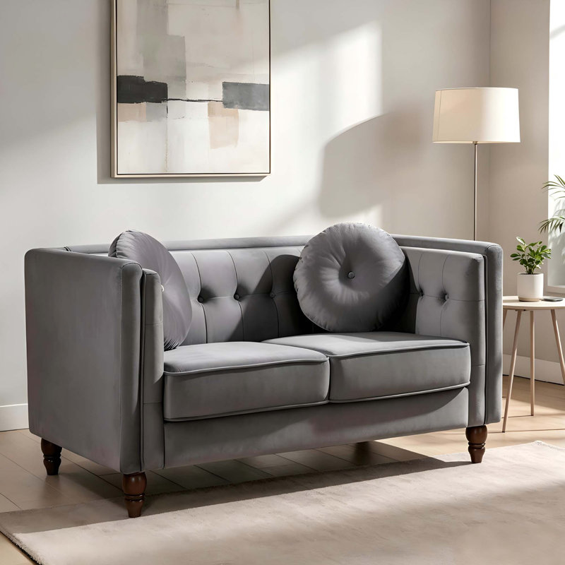 Causeuse Chesterfield compacte avec revêtement en velours froissé, Velours gris velours