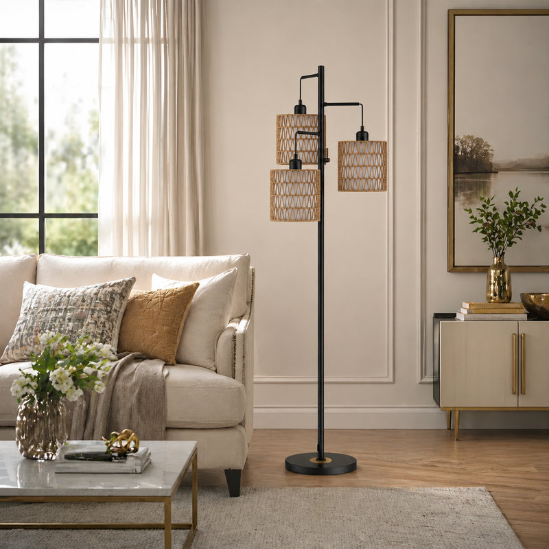Barbetta Rattan Tree Floor Lamp With 3 Bulbs Included and Double Shade