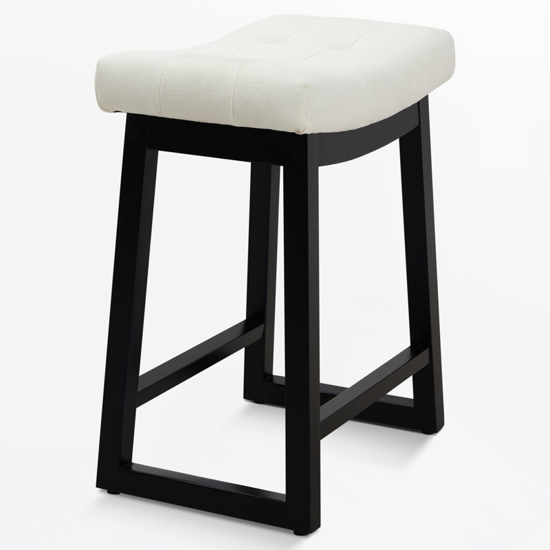 Tabouret de bar 24 po à hauteur de comptoir avec structure en bois massif, Lin blanc / noir