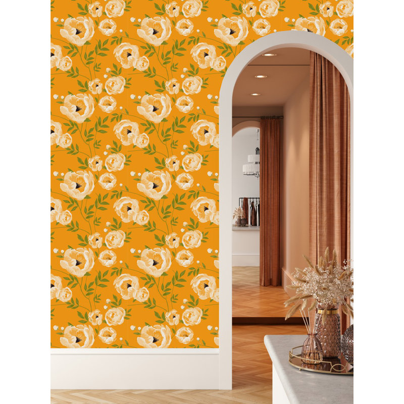 Panneau de papier peint adhésif floral orange L 10,4 pi x l 25 po, L 25 po x L 225 po