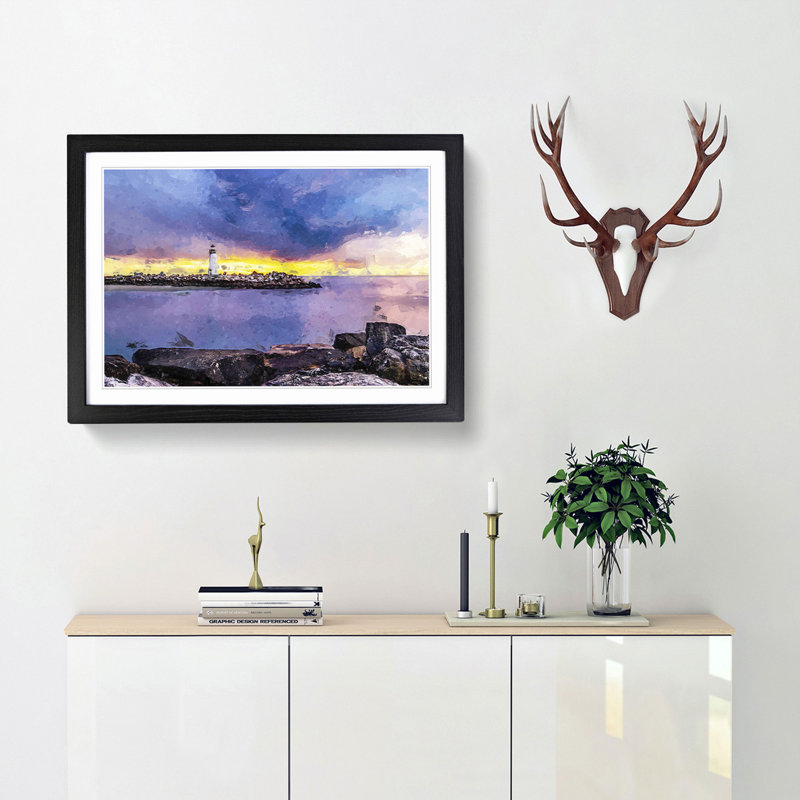 Remote Lighthouse & Seascape in Abstract - Picture Frame Graphic Art Print, 27cm H x 36cm W x 2cm D, Black Framed
