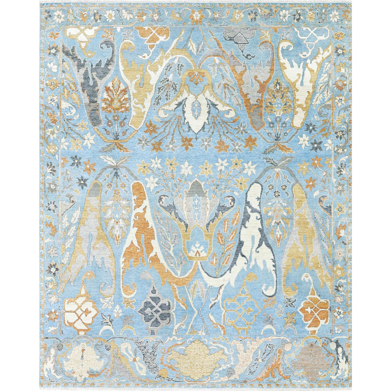 High-Quality Hand-Knotted Light Blue Area Rug, Rectangle 8' x 10'