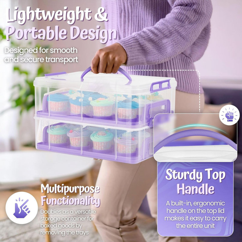 Cupcake Carrier, Cupcake Holder For 24 Cupcakes, Portable And Reusable Rectangular Cake Carrier With Lid And Handle, 2 Tier Stackable Layer Insert (Purple)