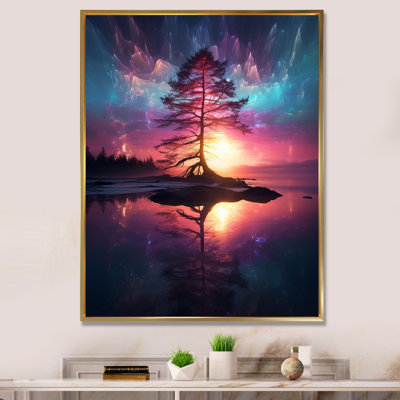 «Majestic Tree In The Lake Aurora Borealis I», reproduction d'art sur toile