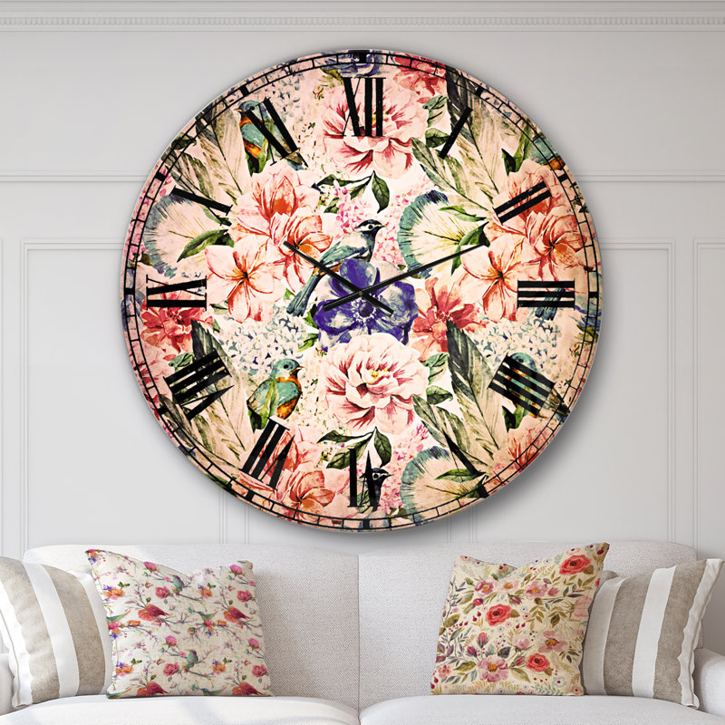 Horloge murale traditionnelle avec fleurs et oiseaux colorés, Surdimensionné