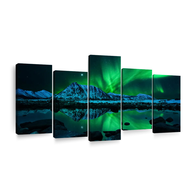 Northern Lights sur toile, reproduction de 5 pièces, H 40 po x l 80 po x P 1 po