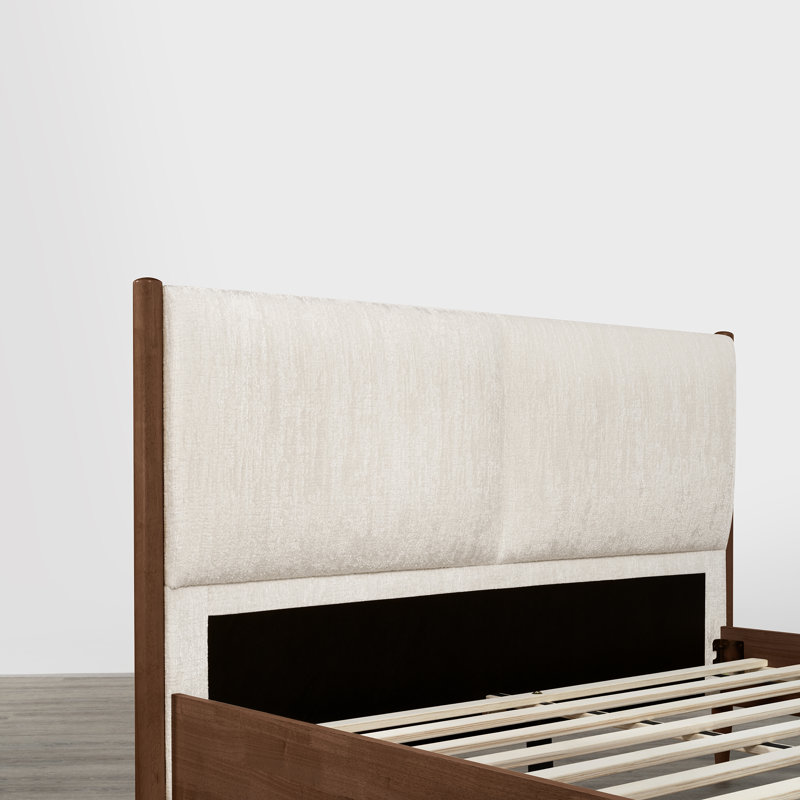 Lit plateforme tapissier en bois massif de style Mid-Century moderne en chenille, Très grand lit, Noyer