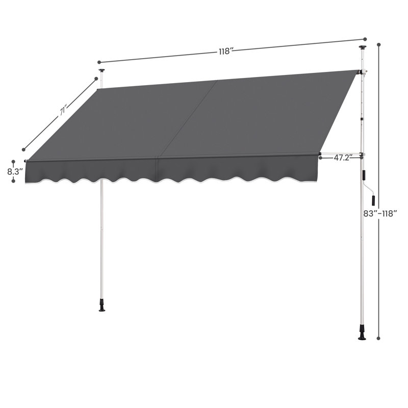 Auvent rétractable manuel pour terrasse de 118 po L, H 118 po x l 118 po x P 47,2 po, Gris foncé
