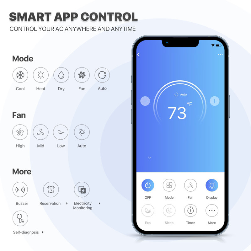 9000 BTU White Smart Control Split Air Conditioner with Heater and Remote