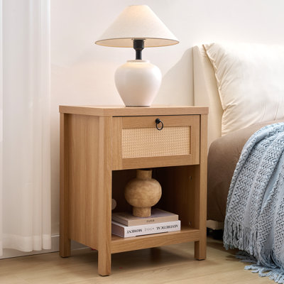 Farmhouse Rattan Nightstand, Boho Bedside Table With Drawer And Open Storage, Cane Side Table For Bedroom & Living Room, OAK