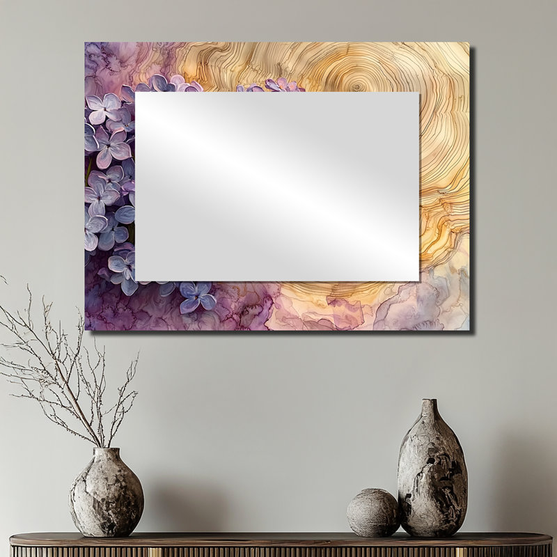 Lilas fleurs sur un plateau en bois - miroir floral pour décoration murale - imprimé sur métal, 24" x 32"