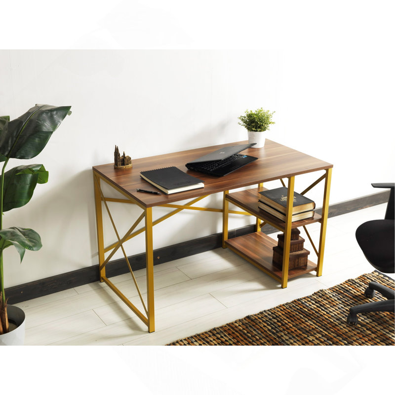 Computer Desk, 28" H x 25" W x 47" D, Walnut/Golden