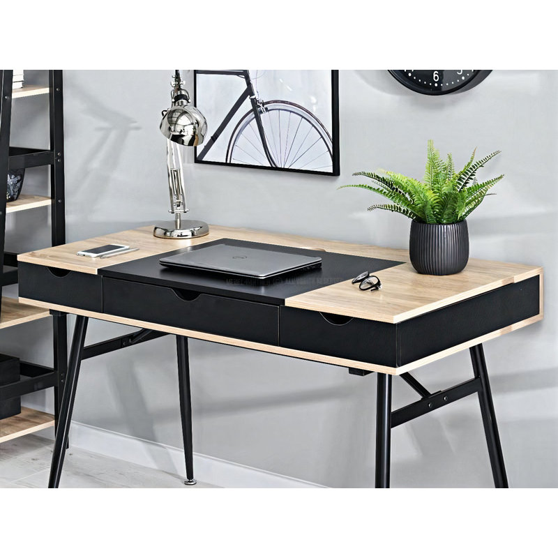 Theta Metal Base Writing Desk, Black, Oak/Black